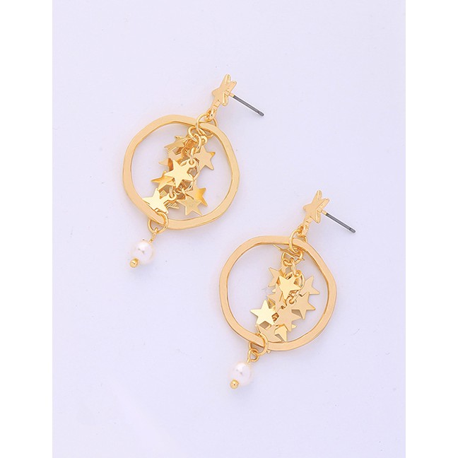 LRC Anting Tusuk Fashion Gold Star Circle Pearl Earrings F94058