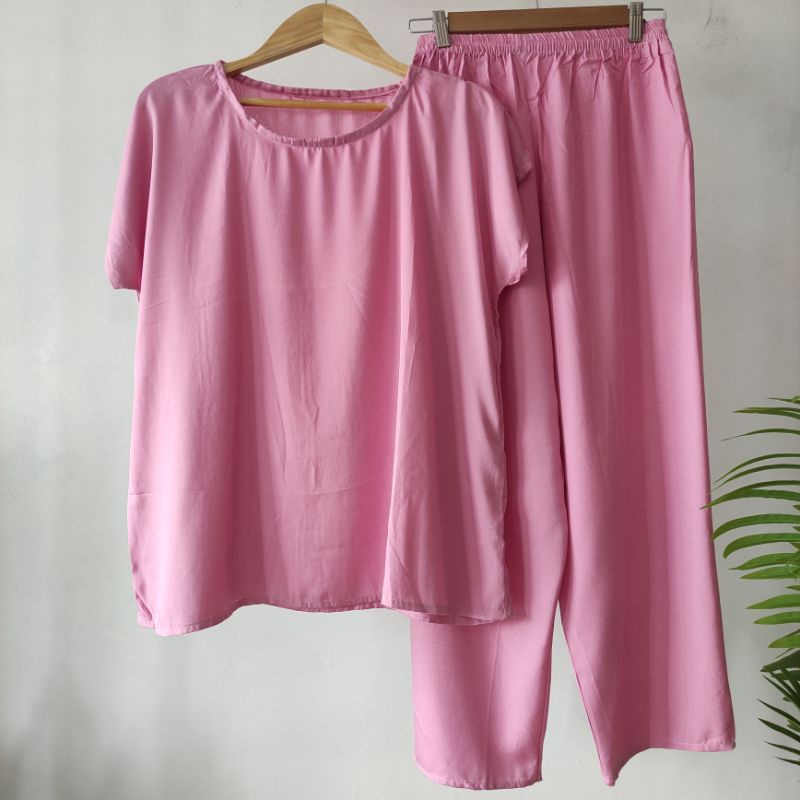 BAJU TIDUR POLOS PIYAMA POLOS CELANA PANJANG LENGAN PENDEK BAHAN RAYON babbydoll-POLOS SOFT PINK