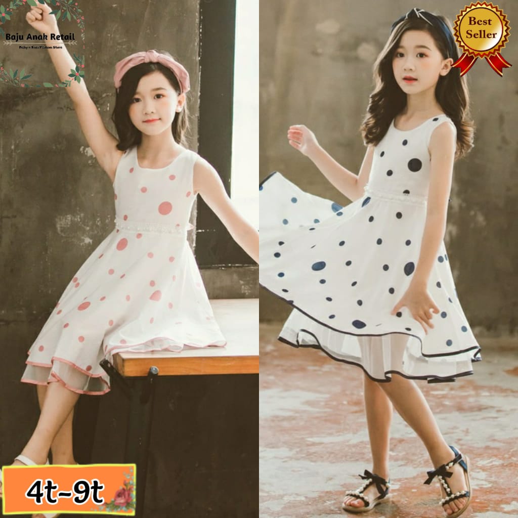 Dress Anak Perempuan Import Polkadot Tile Tumpuk #15 Dress Anak Casual Korean Style