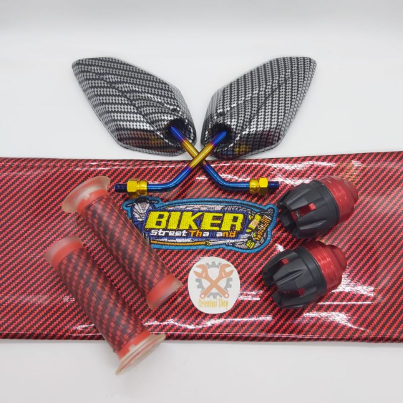 kulit jok biker karbon+spion Jupiter karbon twotone+Jalu as cnc+grip karbon universal motor Yamaha