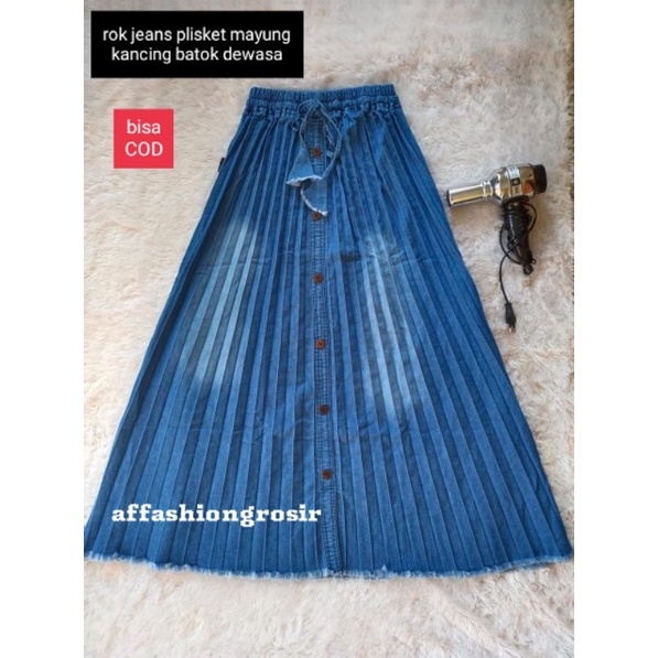 ROK JEANS PLISKET SUPER JUMBO KANCING WANITA/ROK WANITA PLISKET RAWIS DEWASA-Birumuda kancing