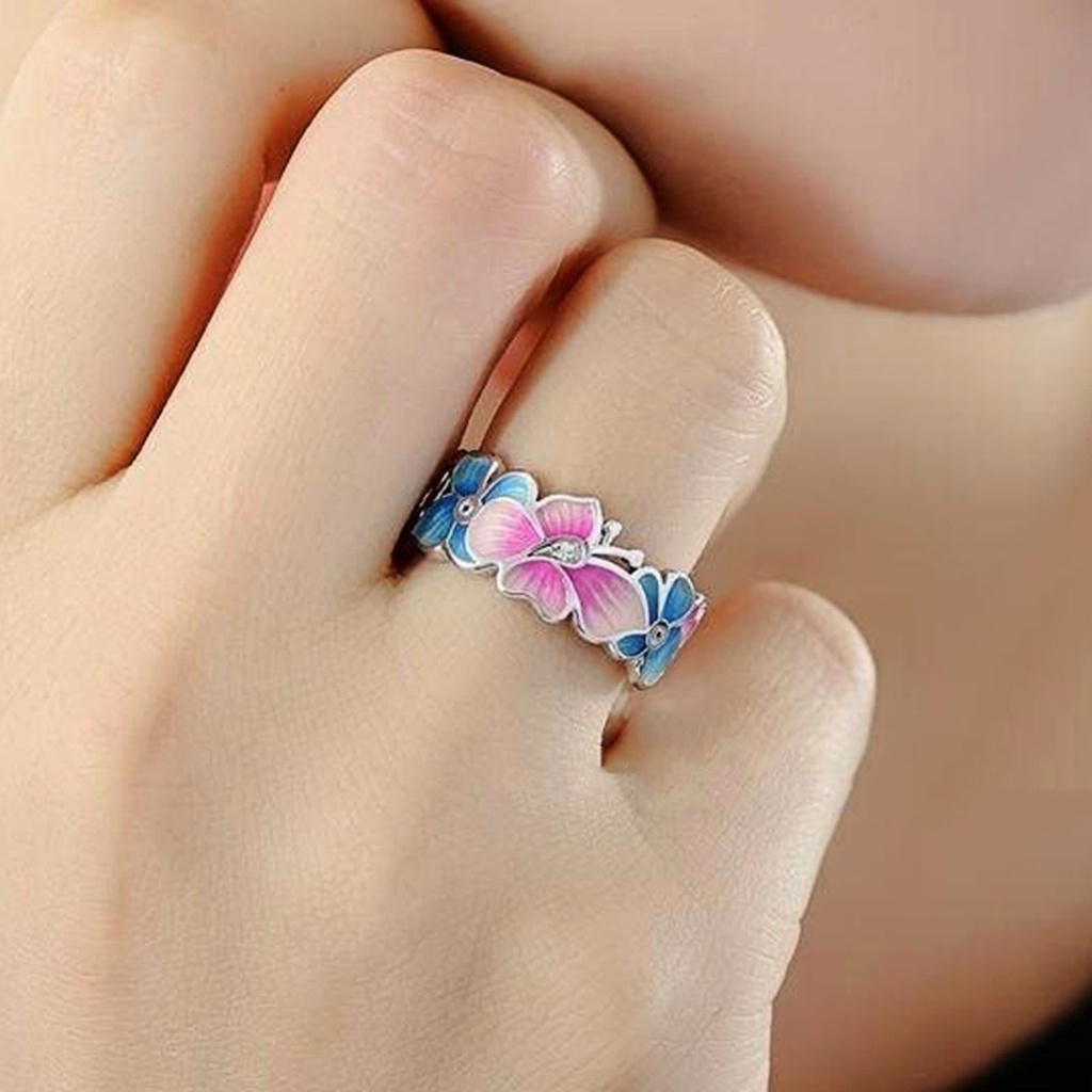 Hu Hu Hu Hu Hu Alat Bantu Pasang Kacamata♡ Cincin Bentuk Bunga Kupu-Kupu Warna-Warni Bahan Alloy Untuk Wanita