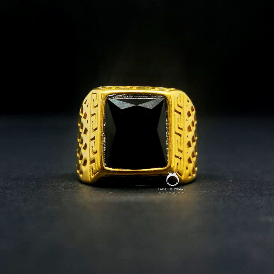 Cincin Pria Titanium Anti Karat Warna Gold Black Onyx Asli Original 03