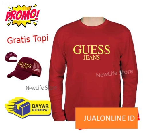 Beli Baju Gratis Topi - Kaos Distro Guess Jeans Kuning  Premium Pria Wanita Lengan Panjang