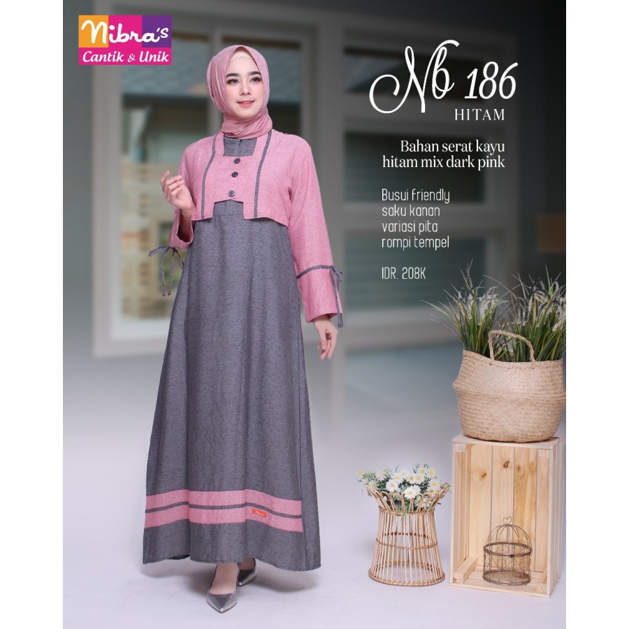[ORI 100%]  GAMIS NIBRAS NB 186 Syari Hitam Pink Ungu Abu Serat Kayu