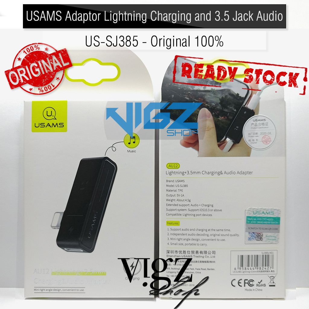 USAMS Adaptor Lightning Charging and 3.5mm Audio Adapter US-SJ385 Original