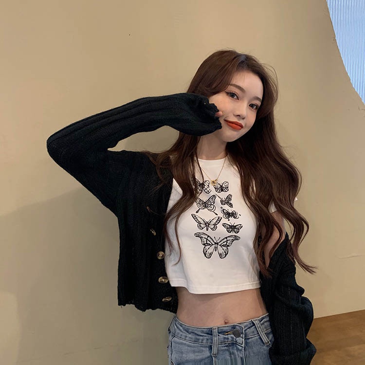 yikoo-t-shirt motif kupu-kupu korea lengan pendek crop top wanita ramping