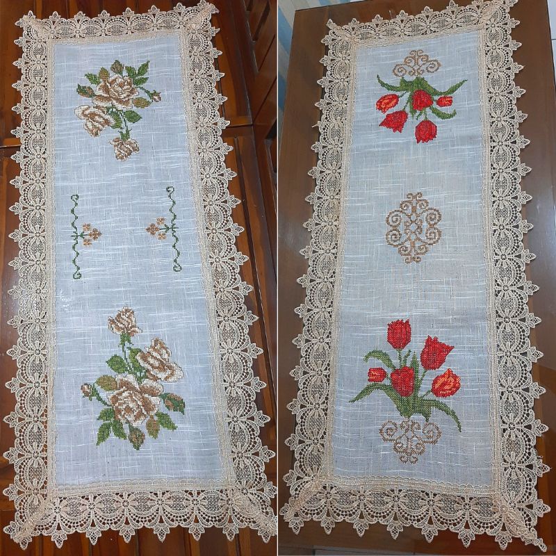 Taplak Meja Tamu Sulam Strimin Kruistik Panjang 40x100 cm Table Runner Shabby Chic Motif Bunga Premium Mewah TERMURAH