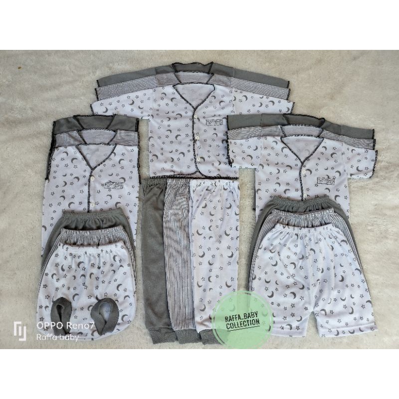 Paket hemat isi 18pcs/9stel baju bayi baru lahir(seri abu)