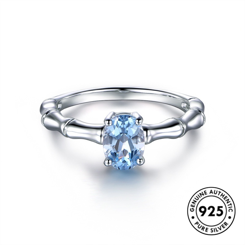 Cincin S925 Silver Desain Bambu Aquamarine