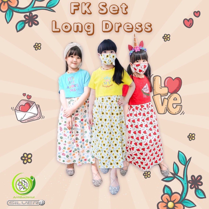 FK Set Long Dress Free Masker longdress flower kids set masker anak earloop