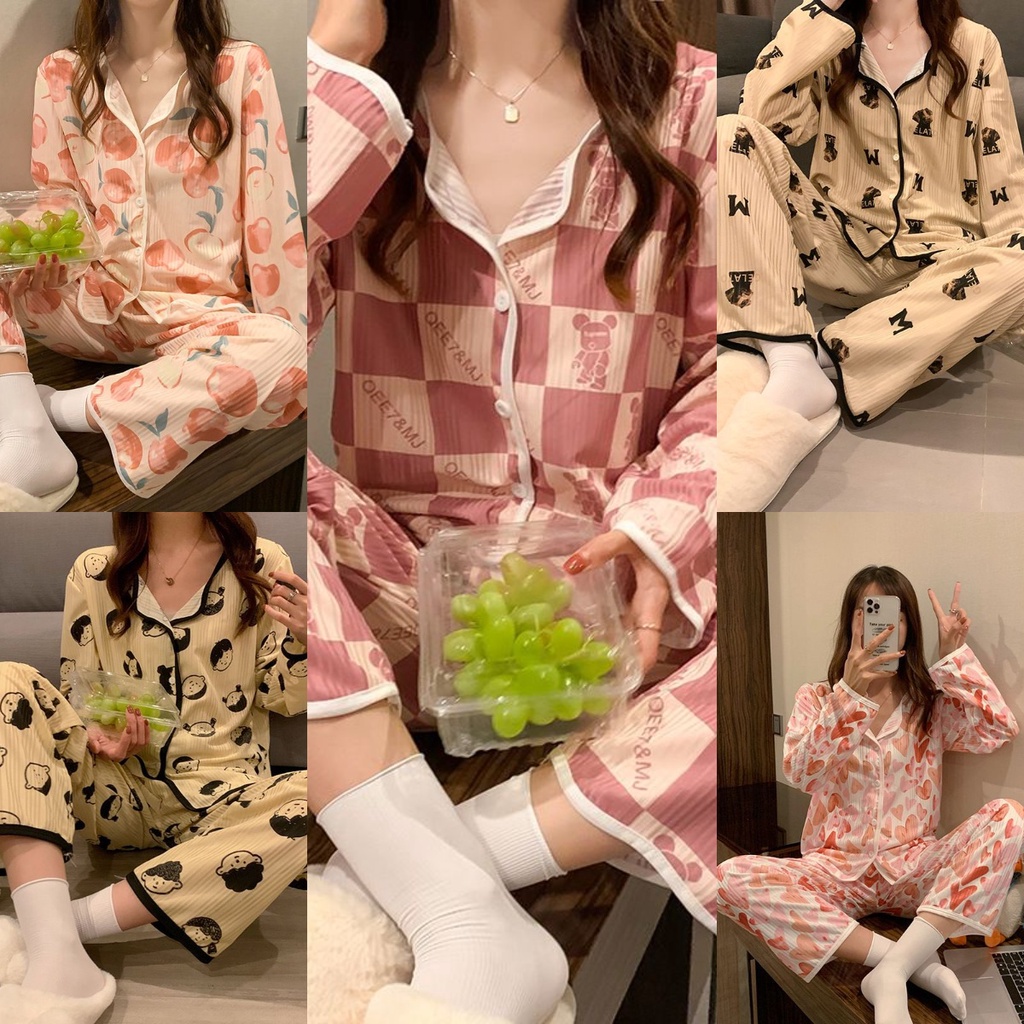 Baju Tidur Wanita Piyama Busui Kancing Depan PP Lengan Panjang Celana Panjang Import