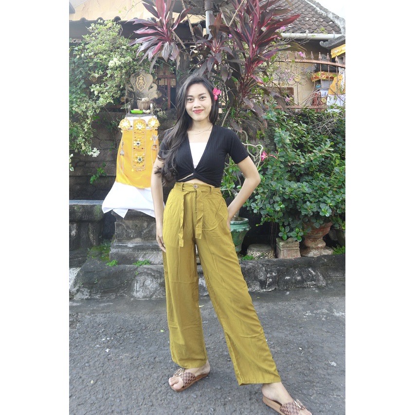 ￼Highwaist pants + tali pinggang//moura pants//kulot HW rayon resleting tali