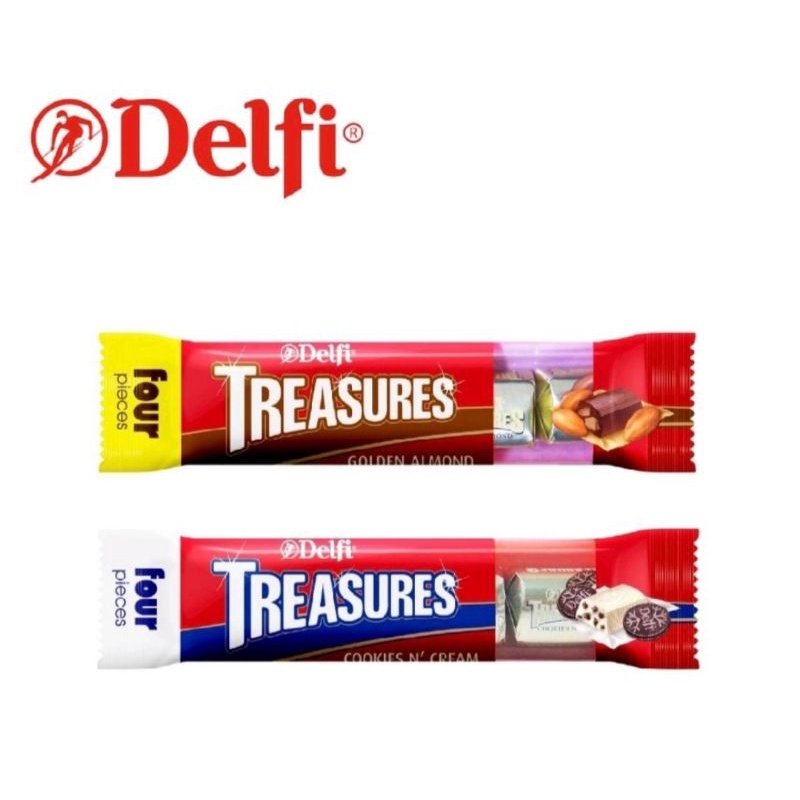 

Delfi Treasures (BAR) / Coklat Delfi Treasure / Cokelat Treasures / Almond Gold / Cookies Cream Silver