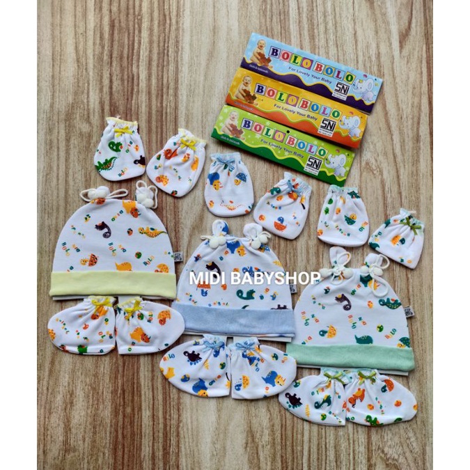 1 Set Topi dan Sarung Tangan Kaki Bayi Motif Lucu Bolo Bolo SNI