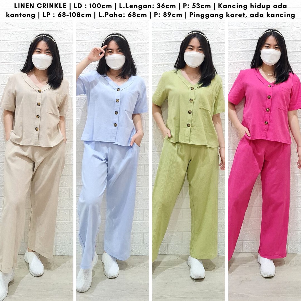 4514 clairesse button pocket one set bahan linen crinkle one set polos stelan wanita katun