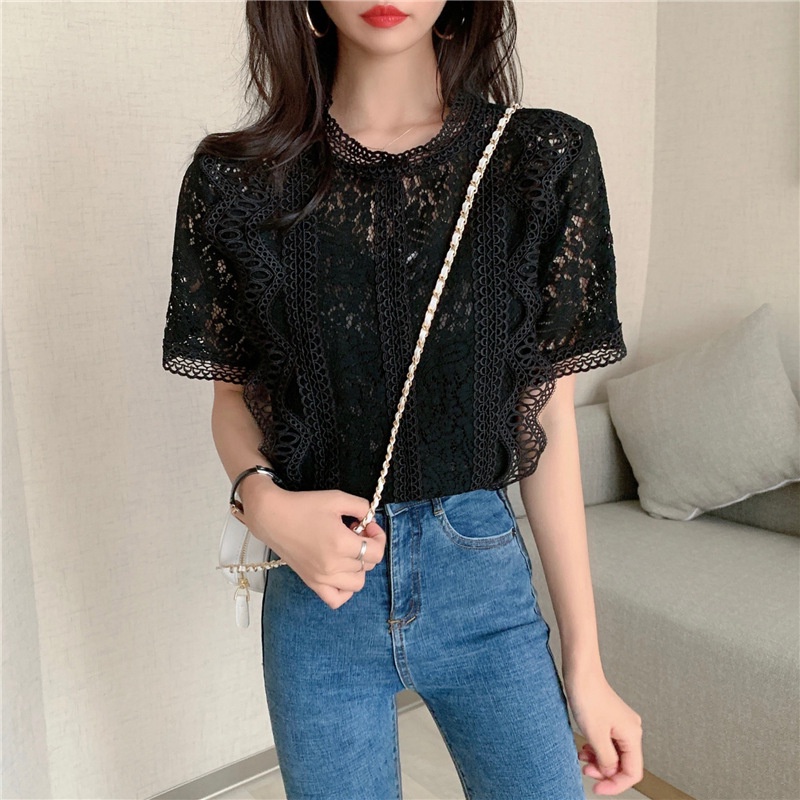 #Sisjuly# Wanita Kemeja Renda Musim Panas Baru Warna Solid Leher Bulat Lengan Pendek Crochet Hollow