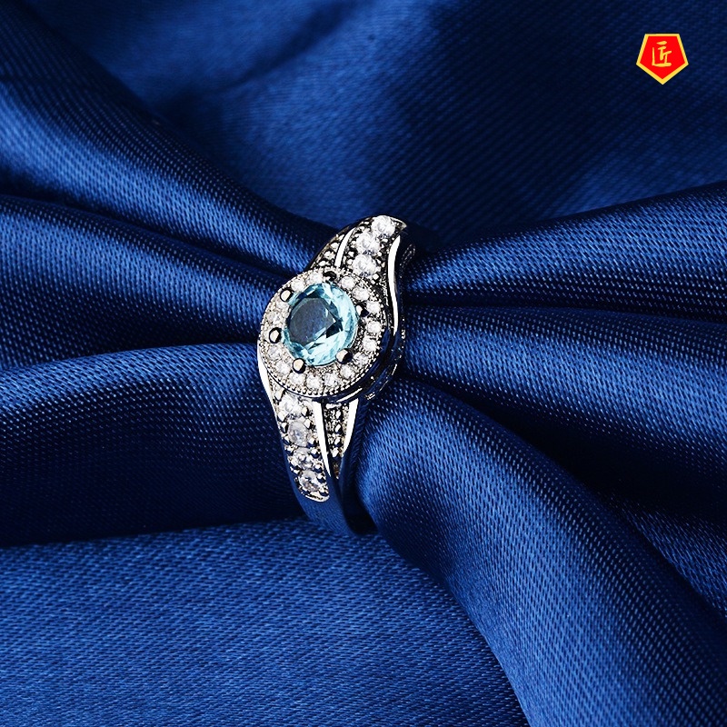 [Ready Stock]925 Silver Ring Full Diamond Spring Shape Inlaid Blue Gem