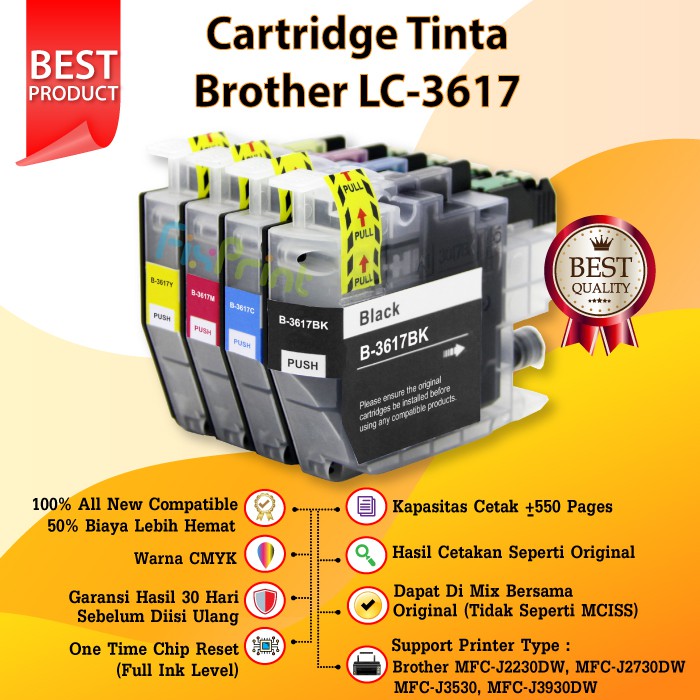 Tinta Compatible Brother LC-3617BK LC3617 Yellow Printer J2230 J2730DW