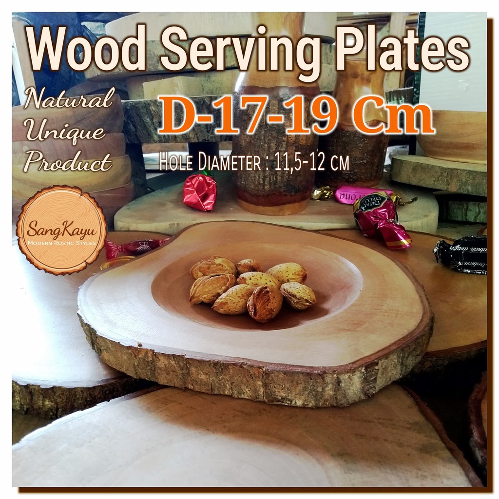 Natural wood serving plate 17-19 cm piring saji bulat tengah nampan