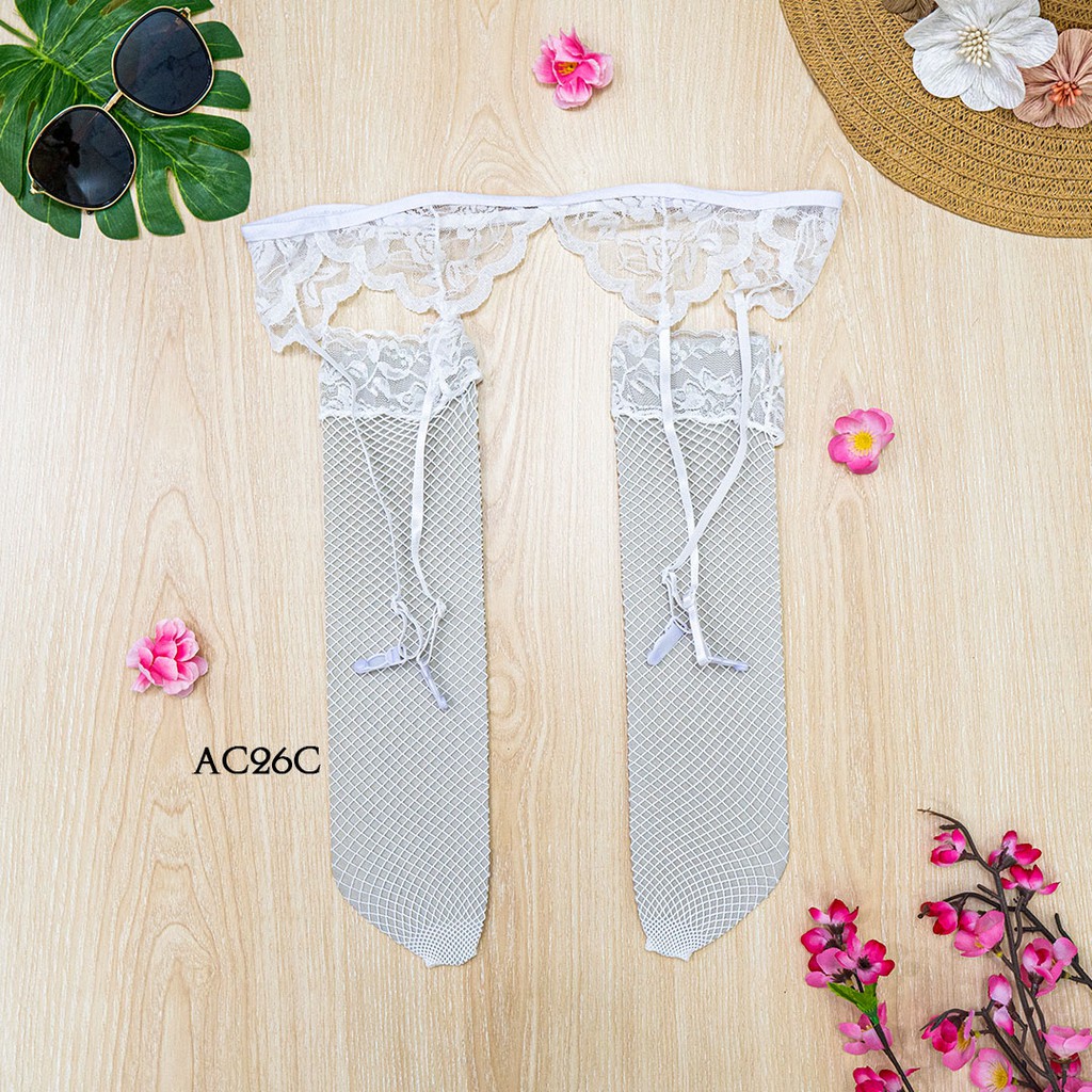 [PRODUK TERBATAS] STOCKING SEXY + SABUK PAHA GARTER BELT LACE PUTIH AC26C