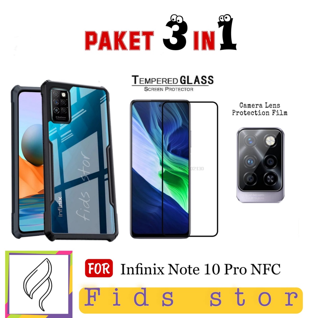 PROMO 3in1 CASE SHOCKPROOF +TEMEPERED GLASS FULL COVER BLACK+LENS CAMERA For INFINIX NOTE 10 Pro NFC