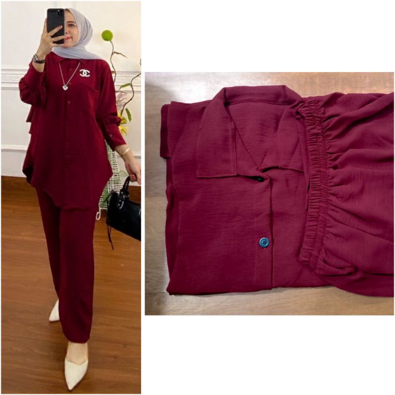BELLE ONE SET / SETELAN RAYON DAILY ONE SET BAJU SETELAN WANITA KEKINIAN-AIRFLOW SET(MARUN)