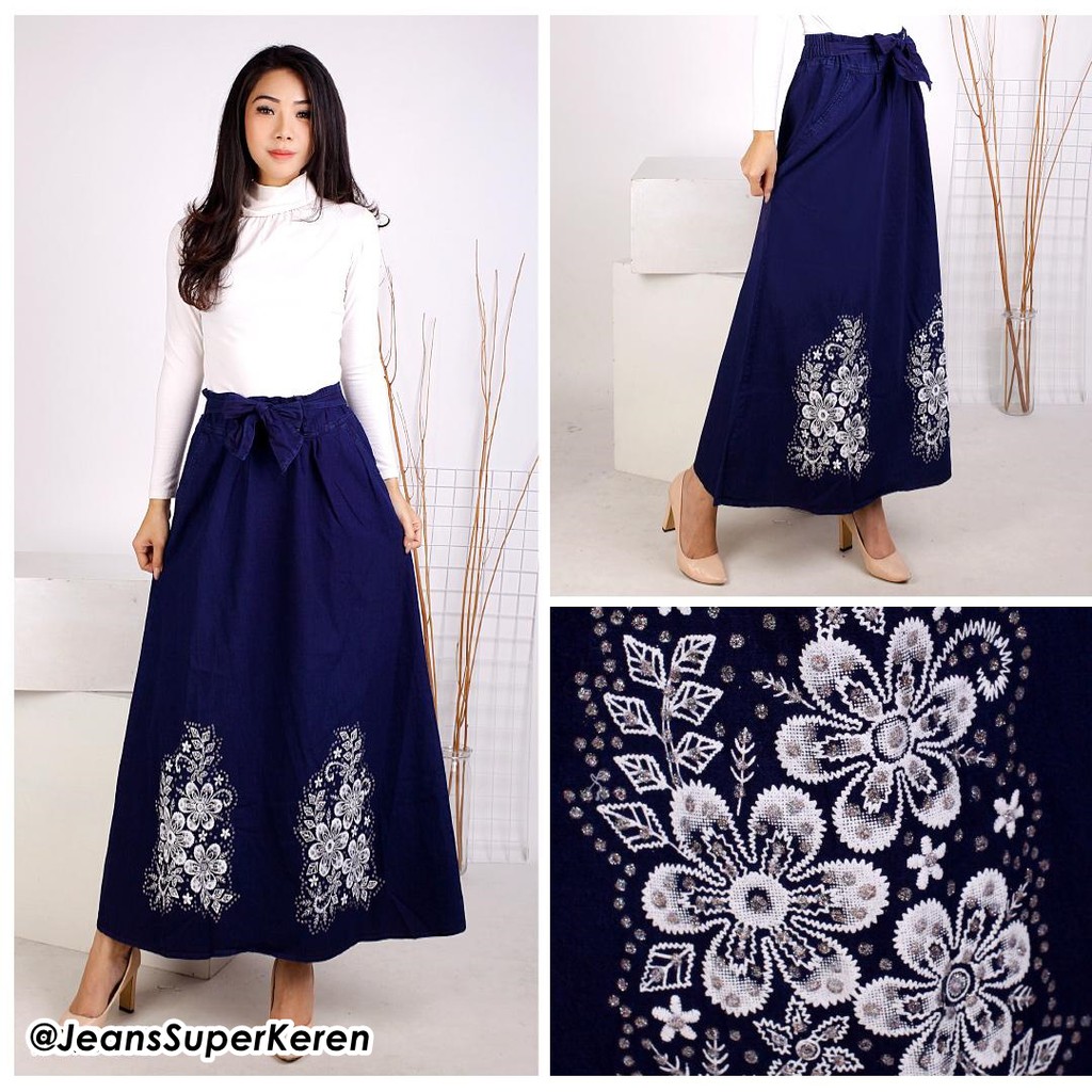 Rok Jeans Rok Panjang Bordir Pinggang Karet Long Skirt Denim