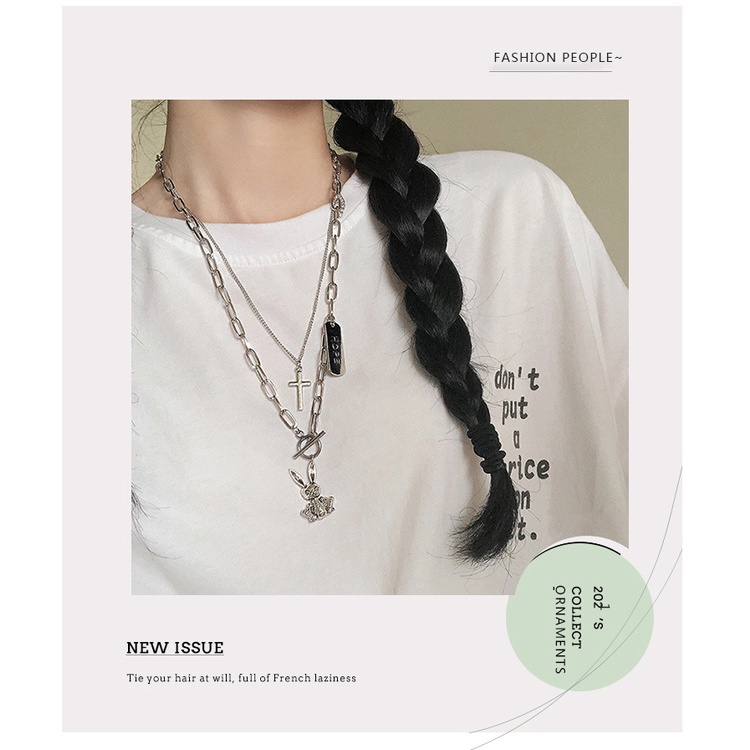 Cross kelinci surat kalung tren hip hop gaya dingin kalung cocok untuk pria dan wanita double layer