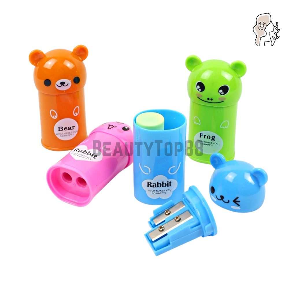 Serutan Karakter Fancy Dengan Penghapus / Rautan 2 Lubang Kepala Rabbit Bear Frog / 2 in 1 Sharpener Eraser