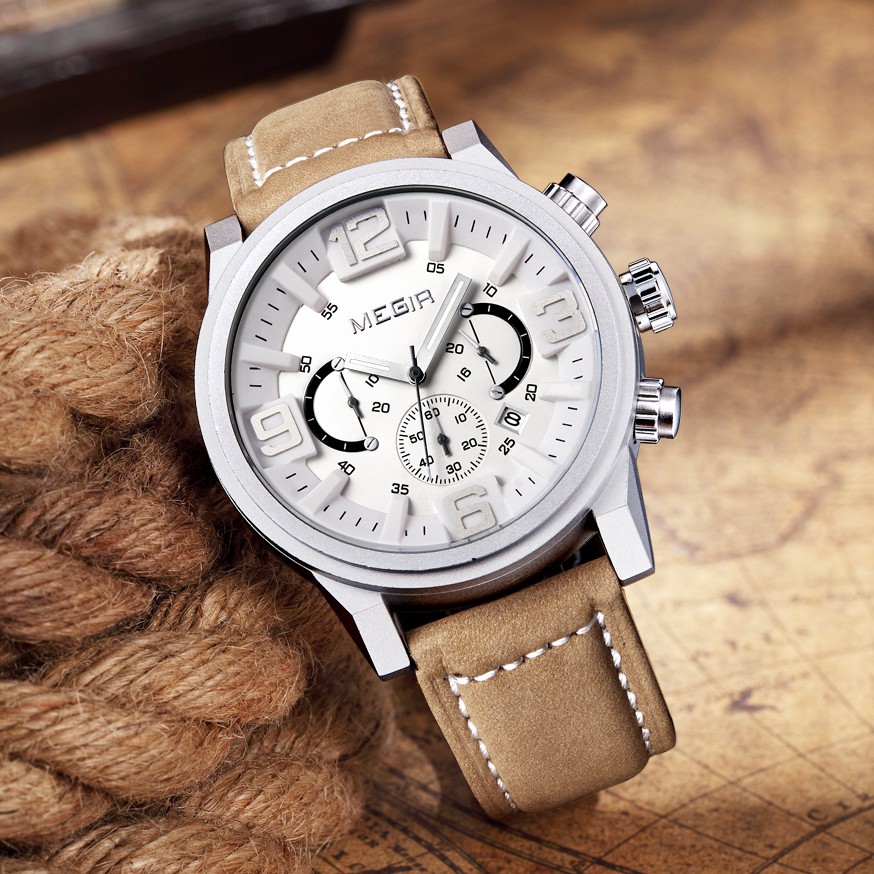 MEGIR 3010 Jam Tangan Pria Analog Chronograph Tali Kulit WATCHKITE WKOS