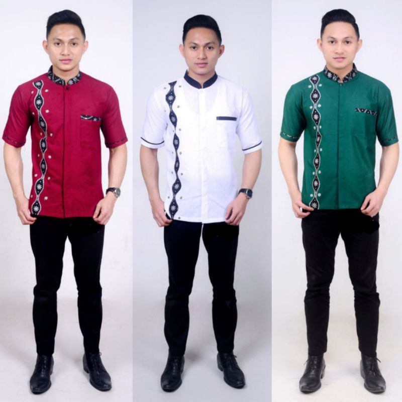 Kemeja Pria Batik Kombinasi Bordir Rantai / Baju Batik Pria Katun Polos Kombinasi Prada