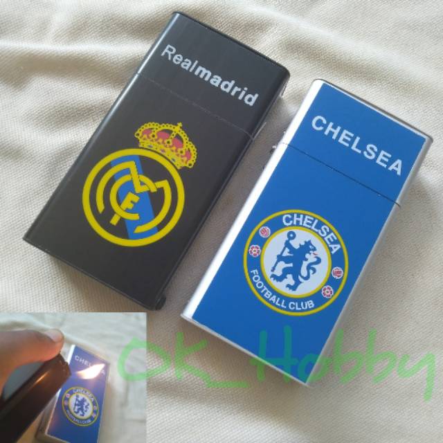 Kotak Tempat Rokok Alumunium Plus Korek Api Motif Club Sepak Bola