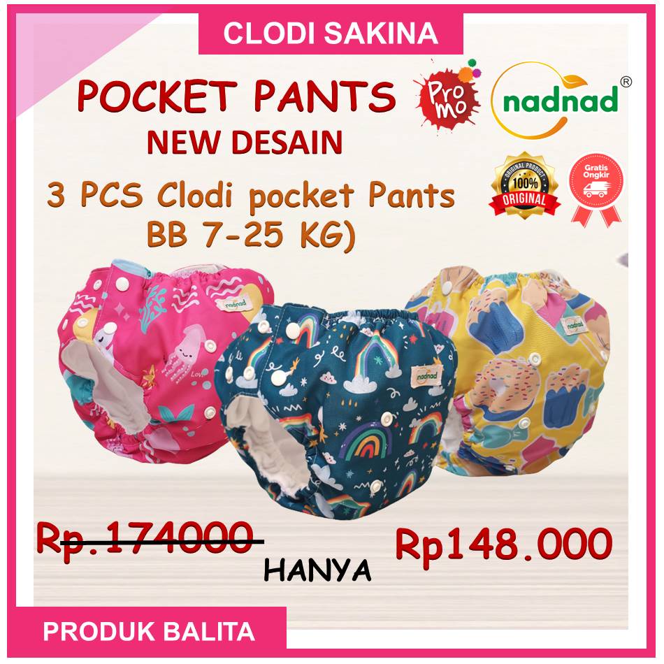 Paket Promo 3 Pcs Clodi Pocket Pants/Celana Nadnad Size Bb 7-25 Kg Popok cuci ulang popok Kain