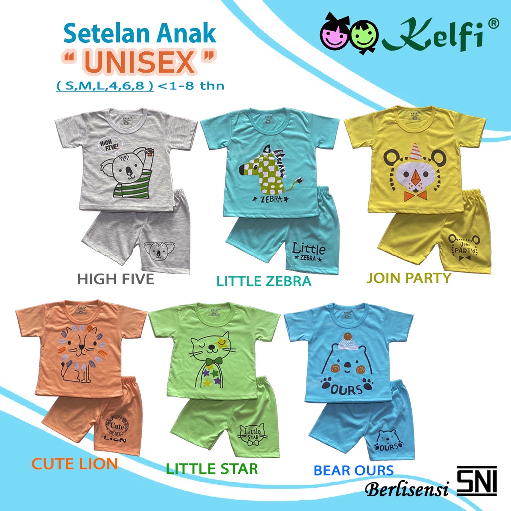 PROMO 10.10 KELFI SETELAN ANAK UNISEX COWOK/CEWEK CUTE USIA 1- 8 TAHUN