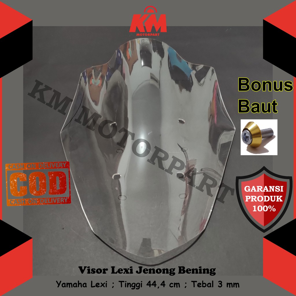 Visor Windshield Lexi Variasi Jenong Panjang 44,4 cm Tebal 3 mm Bahan Mika Akrilik Hitam Bening