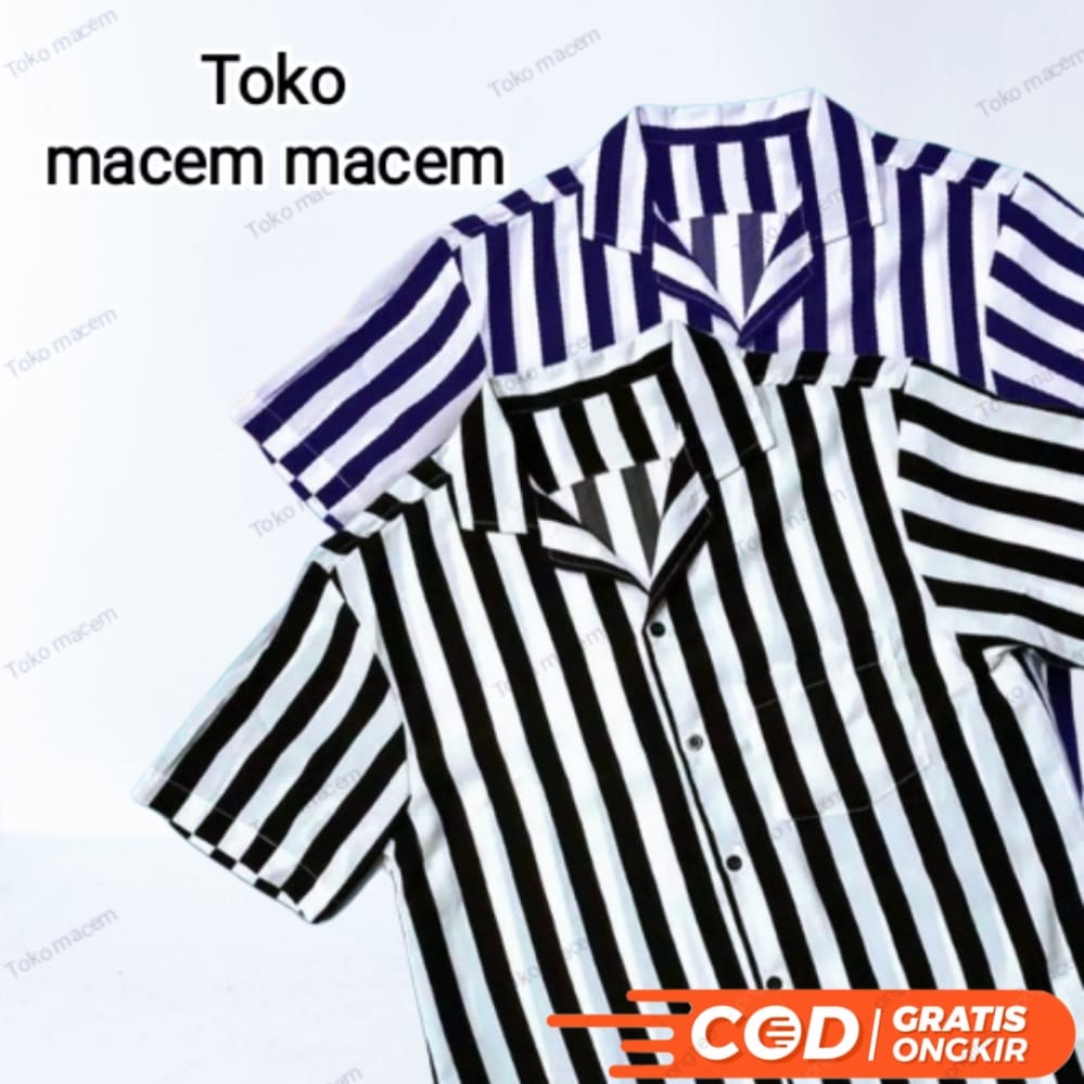 Kemeja Hawai Stripe Kemeja Salur pria Kemeja Kerah V