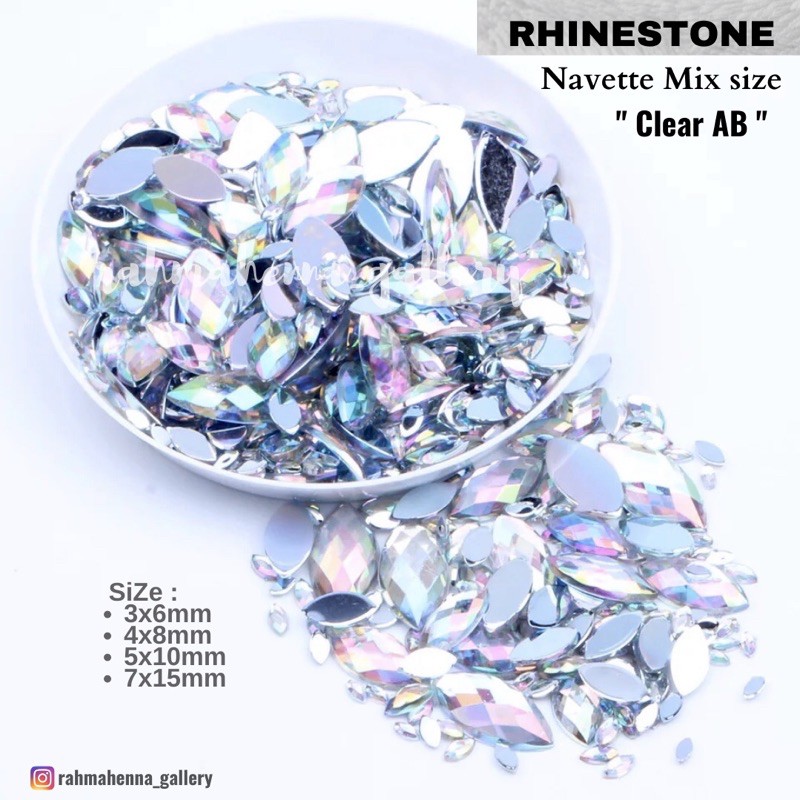 RHINESTONE NAVETTE CLEAR AB MIX hiasan henna ,nail art , gemstone