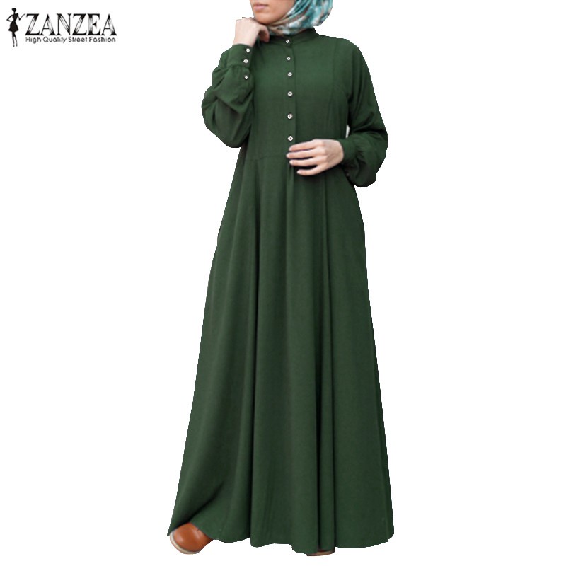 ZANZEA Women Muslim Buttons Long Sleeve High Waist Solid Color Maxi Dress