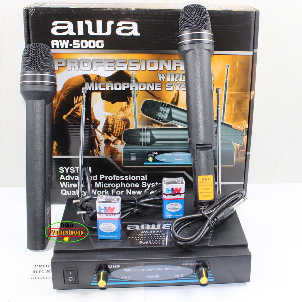 MICROPHONE WIRELESS AIWA AW-500G MIC VOCAL PROFESIONAL / MIK WERLES 2 HANDLE