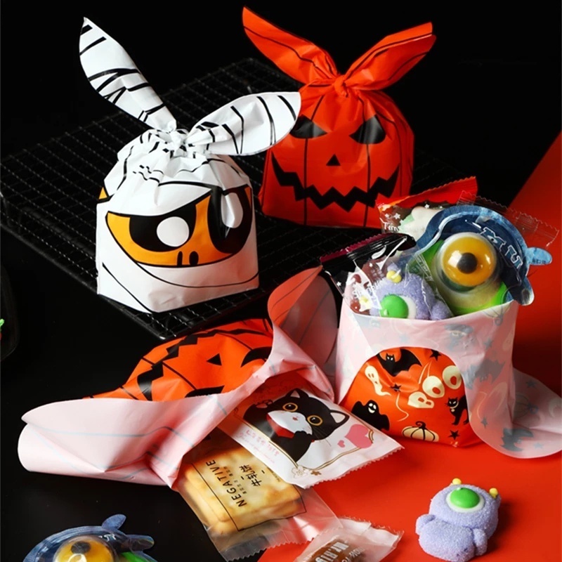 50pcs Tas Permen / Snack / Biskuit Desain Telinga Kelinci / Labu / Iblis DIY Untuk Dekorasi Pesta Halloween