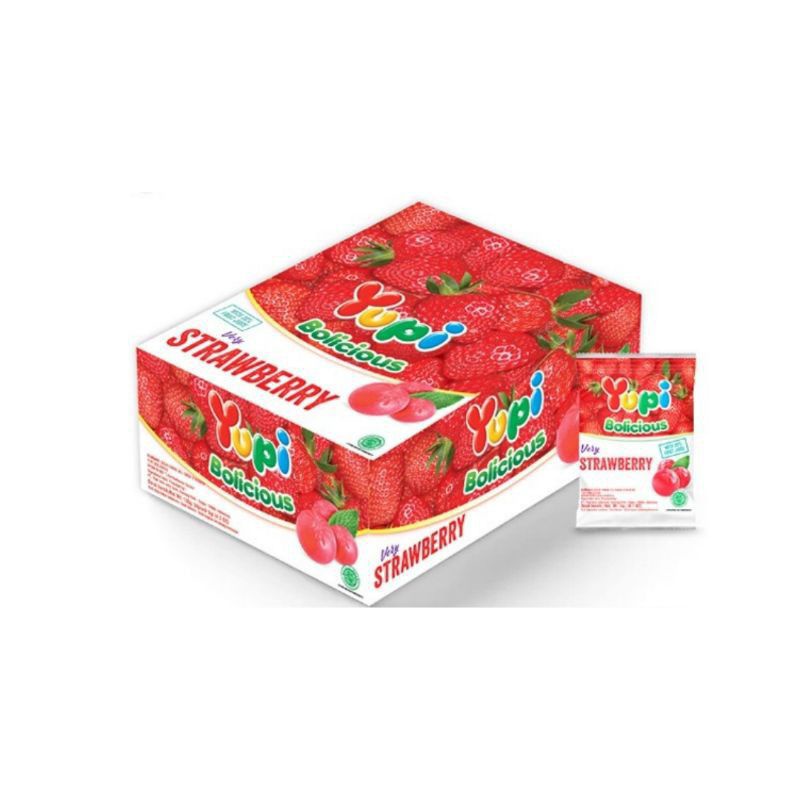 

PERMEN YUPI BOLICIOUS Strawberry 1box isi 24pcs | MAKANAN RINGAN PERMEN BUAH MANIS | PERMEN BOLICIOUS