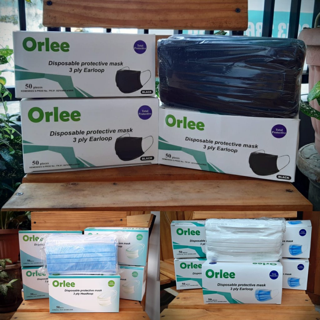 Orlee Masker 3 Ply Earloop & Headloop Warna Biru Putih Pink Disposable Non Medis 50 pcs