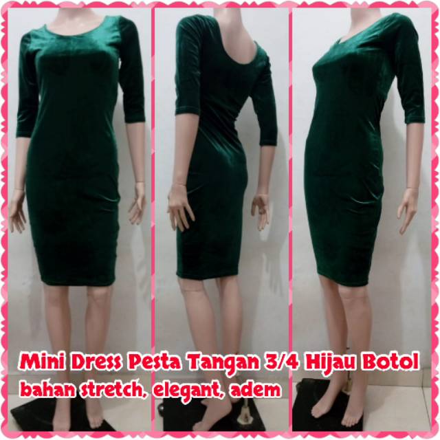 Mini Dress Pesta Tangan 3/4 Hijau Botol | Pakaian Pesta Wanita | Midi Dress Sexy Terusan Party Green