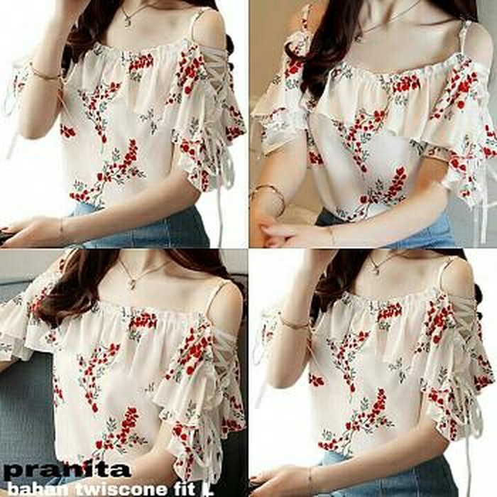 Baju Blus Off Shoulder Sabrina Lengan Pendek Motif Garis Vertikal Gaya Korea untuk Wanita  REA 65BNC