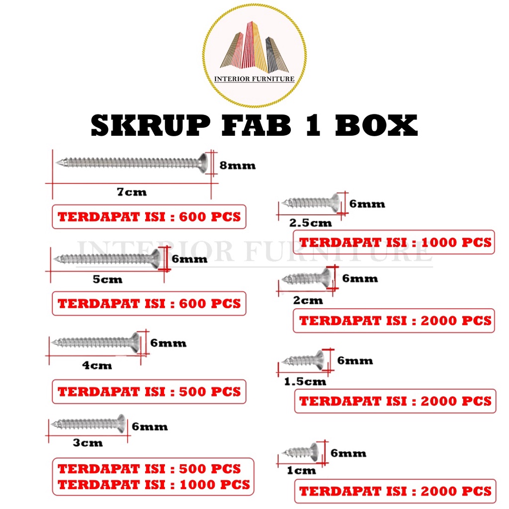 Sekrup 1 cm / Skrup FAB Tapping 1 cm 6 x 1/2 isi 2000 pcs