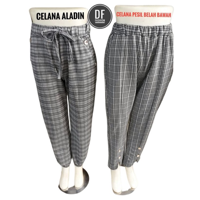 New..Celana Wanita Motif Kotak-Kotak Model PensiL belah depan Dan Aladin