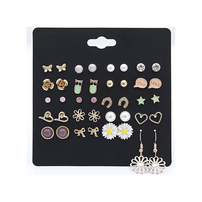 LRC Anting Tusuk Fashion Gold Diamond-shaped Animal Flower Earrings Set Of 20 D57201