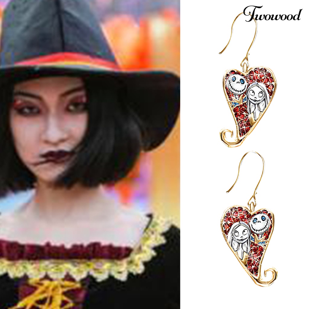 1 Pasang Anting Kait Bentuk Hati Motif Hantu Bahan Alloy Aksen Berlian Imitasi Untuk Pesta Halloween