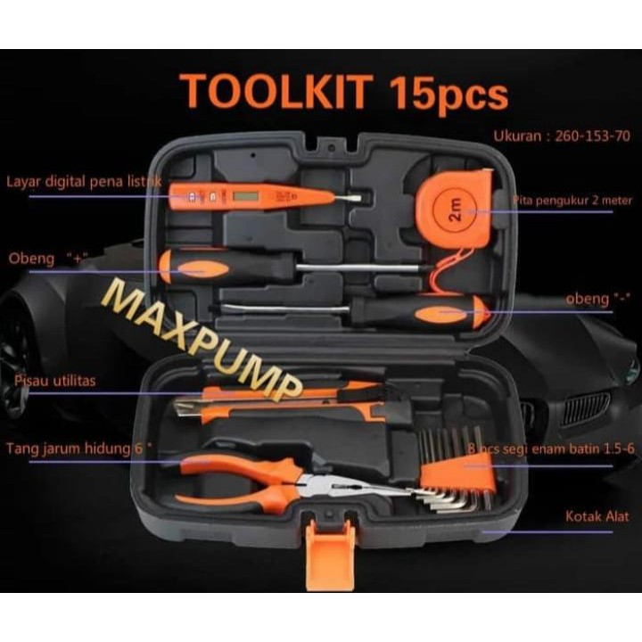 Barang baru Toolset Lengkap 15 in 1 Toolkit Toolbox Repair Kit Home DIY 15pcs Tool Terlaris